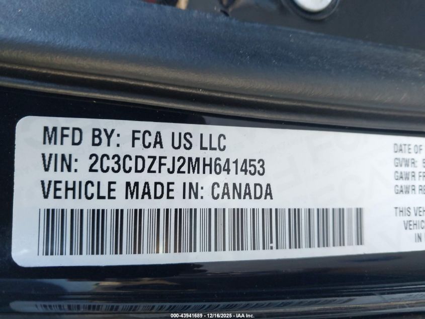 2021 Dodge Challenger R/T Scat Pack VIN: 2C3CDZFJ2MH641453 Lot: 43941689