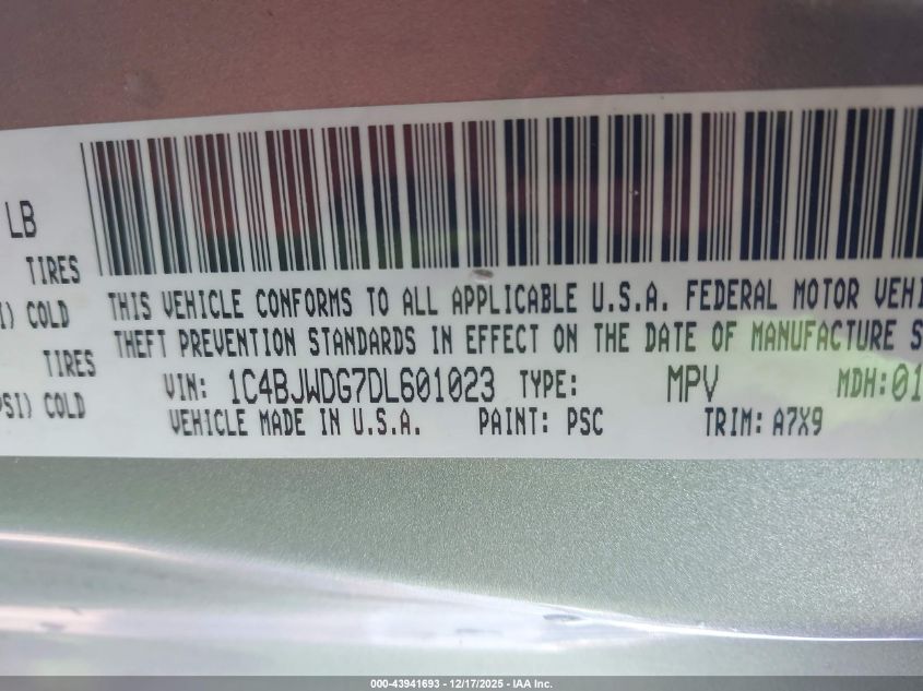 2013 Jeep Wrangler Unlimited Sport VIN: 1C4BJWDG7DL601023 Lot: 43941693