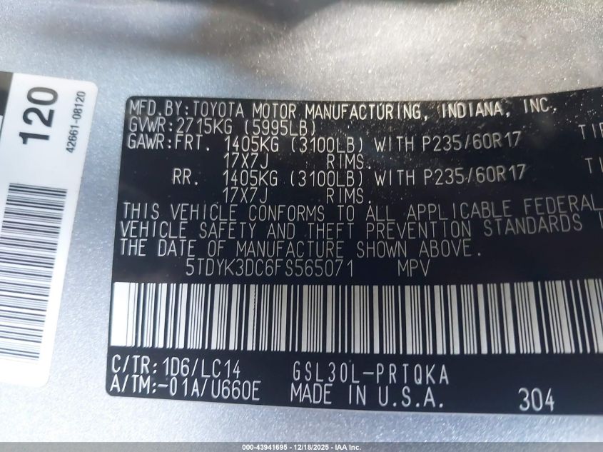 2015 Toyota Sienna Xle 8 Passenger VIN: 5TDYK3DC6FS565071 Lot: 43941695