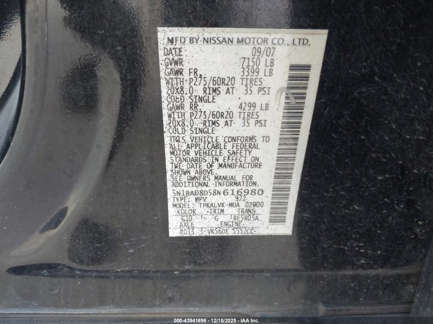 2008 Nissan Armada Le VIN: 5N1BA08D58N616980 Lot: 43941696