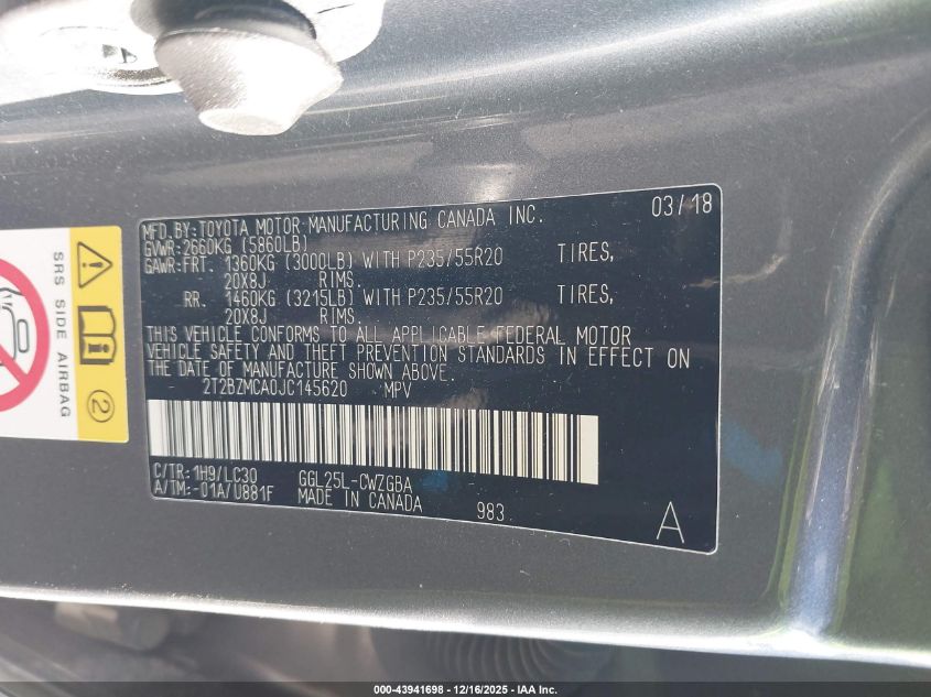 2018 Lexus Rx 350 F Sport VIN: 2T2BZMCA0JC145620 Lot: 43941698