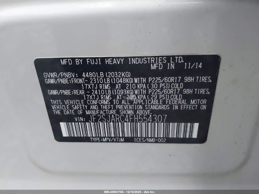 2015 Subaru Forester 2.5I Limited VIN: JF2SJARC4FH554307 Lot: 43941704