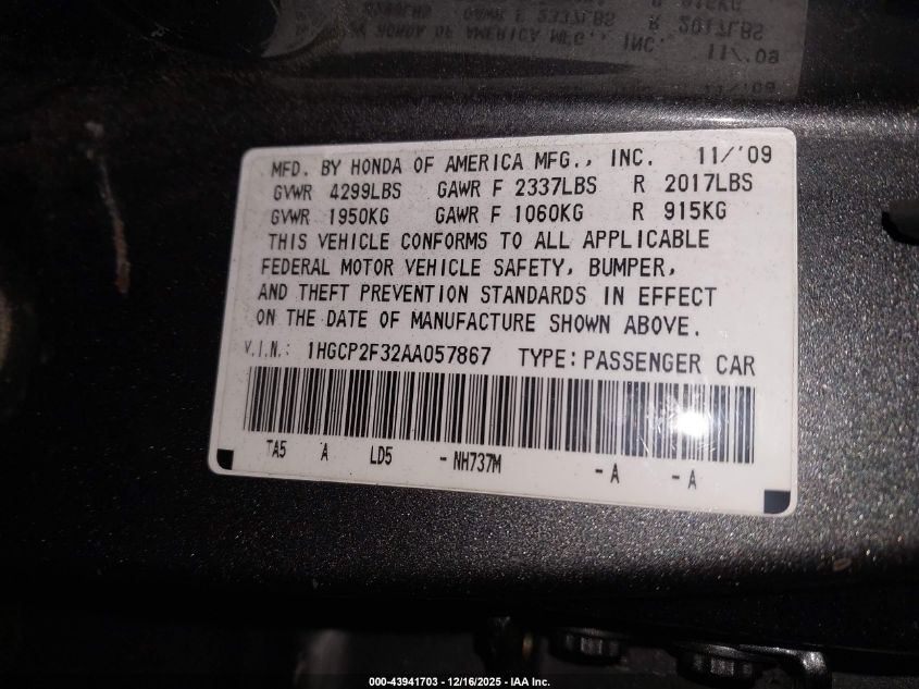 2010 Honda Accord 2.4 Lx VIN: 1HGCP2F32AA057867 Lot: 43941703