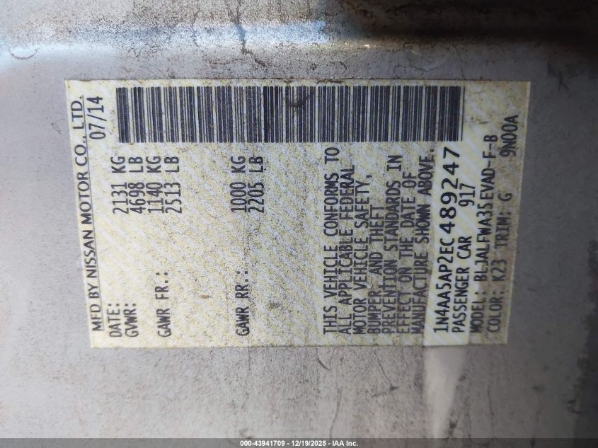 2014 Nissan Maxima 3.5 Sv VIN: 1N4AA5AP2EC489247 Lot: 43927376