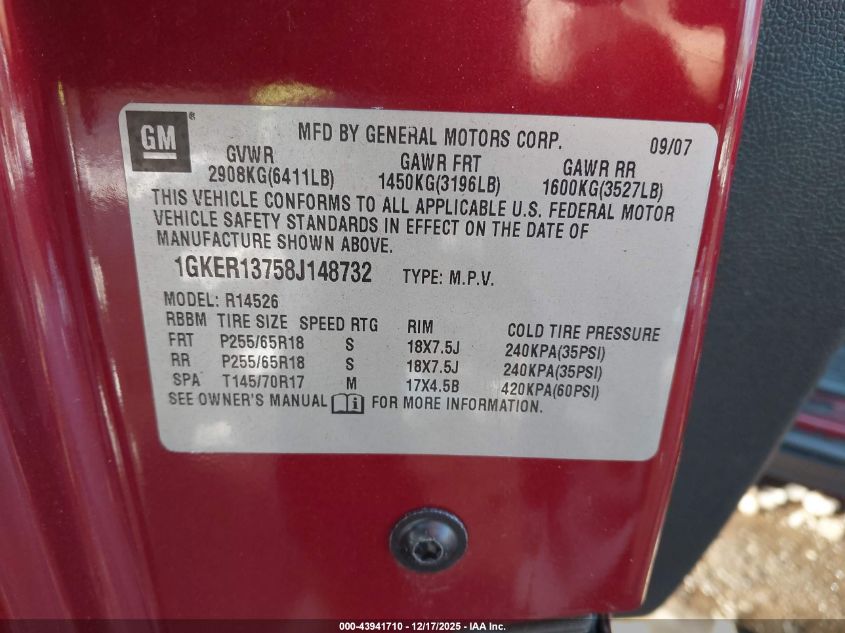 2008 GMC Acadia Sle-1 VIN: 1GKER13758J148732 Lot: 43941710