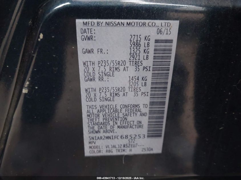 2015 Nissan Pathfinder Platinum VIN: 5N1AR2MN1FC685253 Lot: 43941713