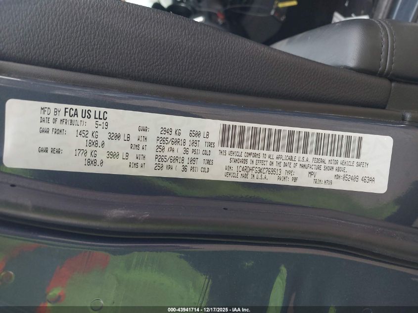 2019 Dodge Durango Special Service Rwd VIN: 1C4RDHFG3KC769513 Lot: 43941714