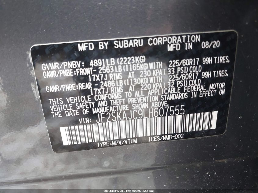 2020 Subaru Forester Premium VIN: JF2SKAJC9LH607555 Lot: 43941720