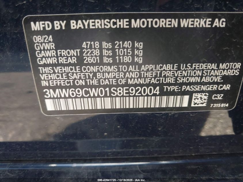 2025 BMW 330I VIN: 3MW69CW01S8E92004 Lot: 43941725
