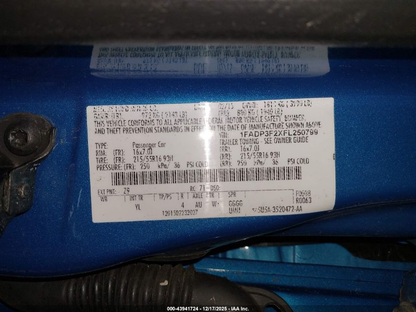 2015 Ford Focus Se VIN: 1FADP3F2XFL250799 Lot: 43941724