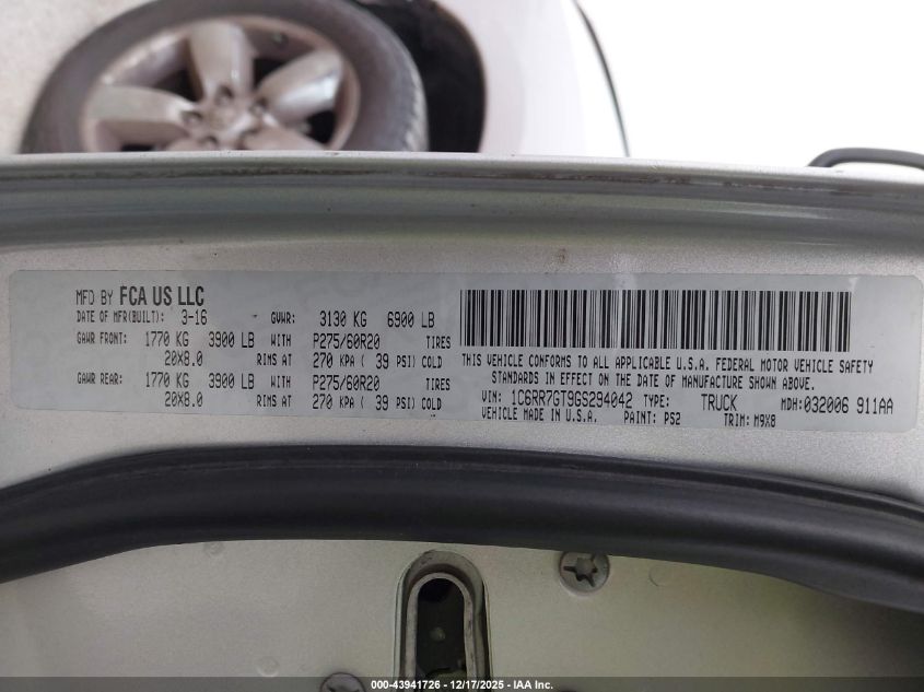 2016 Ram 1500 Big Horn VIN: 1C6RR7GT9GS294042 Lot: 43941726