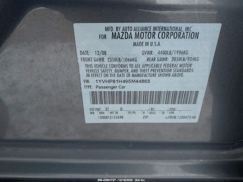 2009 Mazda Mazda6 I Sport VIN: 1YVHP81H495M44865 Lot: 43941727