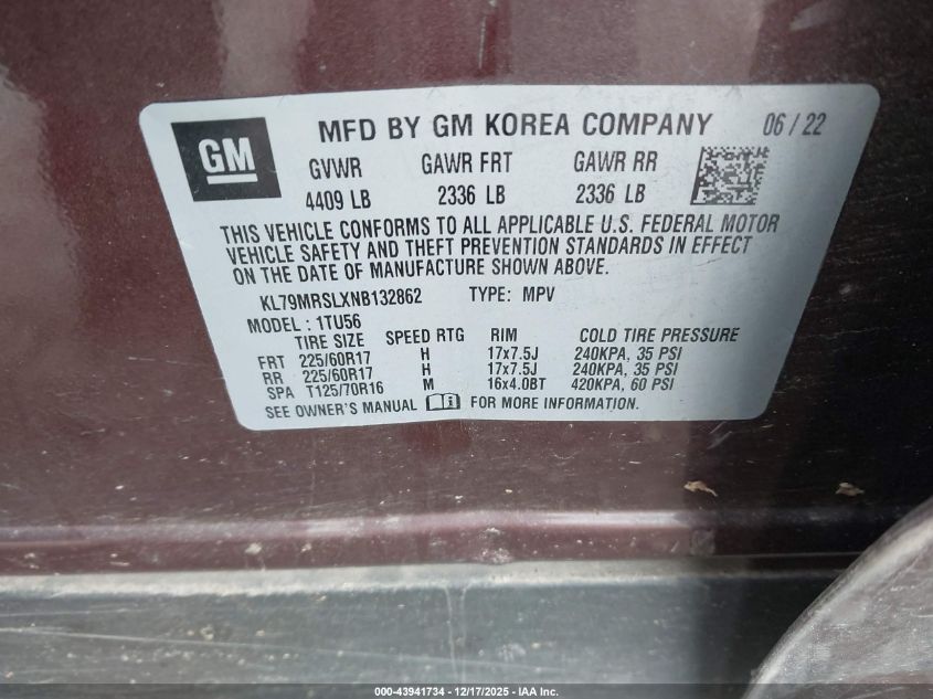 2022 Chevrolet Trailblazer Awd Lt VIN: KL79MRSLXNB132862 Lot: 43941734