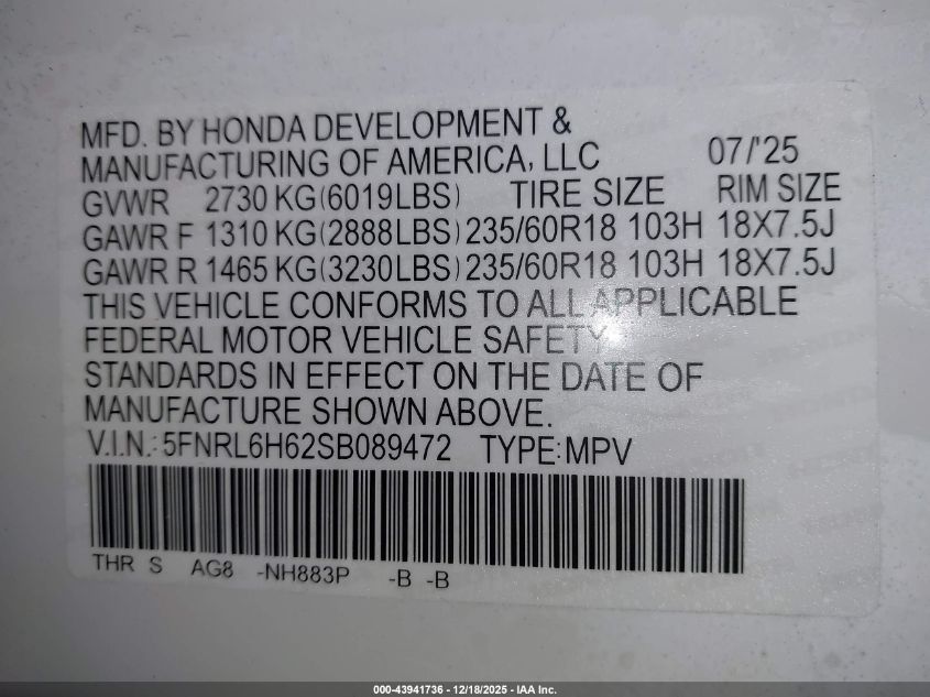 2025 Honda Odyssey Ex-L VIN: 5FNRL6H62SB089472 Lot: 43941736