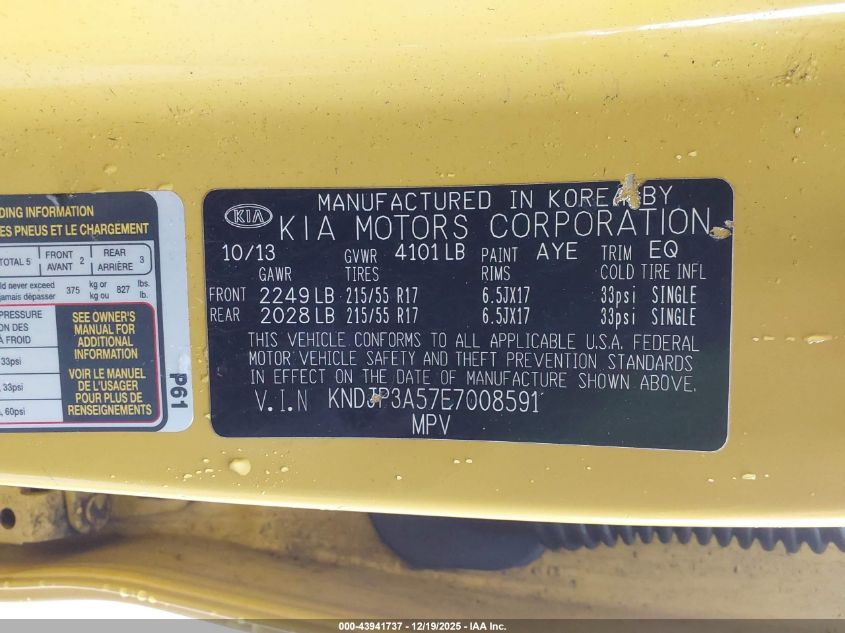 2014 Kia Soul + VIN: KNDJP3A57E7008591 Lot: 43941737