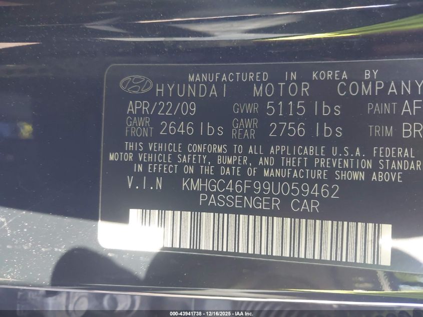 2009 Hyundai Genesis 4.6 VIN: KMHGC46F99U059462 Lot: 43941738