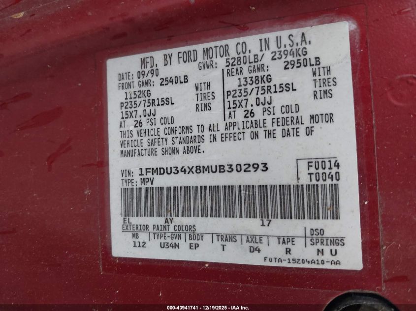 1991 Ford Explorer VIN: 1FMDU34X8MUB30293 Lot: 43941741
