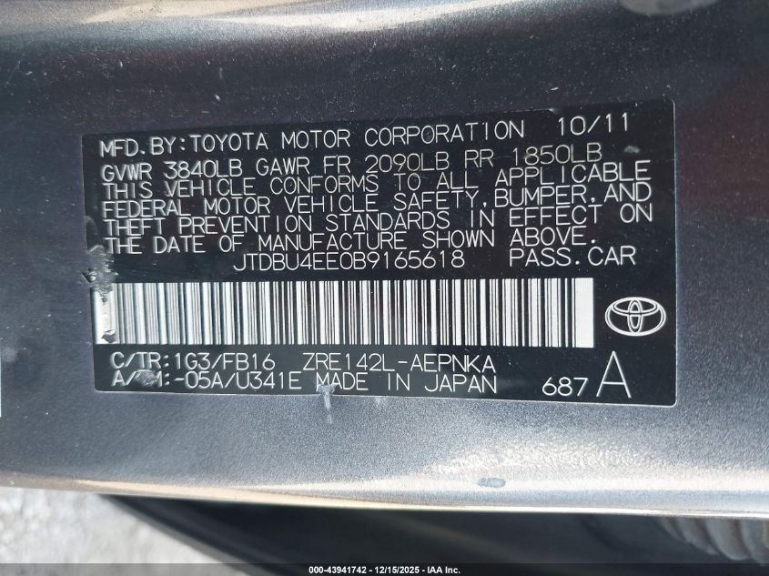 2011 Toyota Corolla Le VIN: JTDBU4EE0B9165618 Lot: 43941742