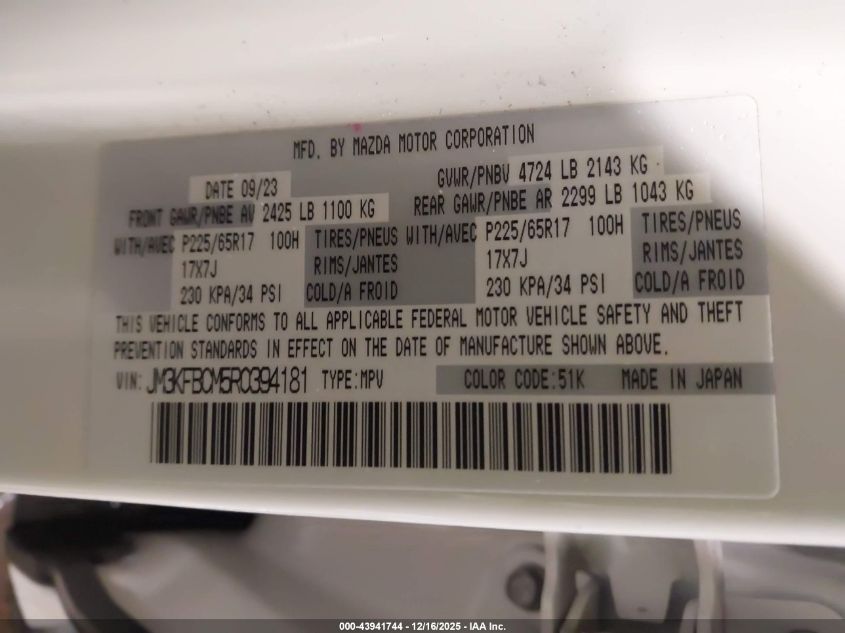 2024 Mazda Cx-5 2.5 S Preferred VIN: JM3KFBCM5R0394181 Lot: 43941744