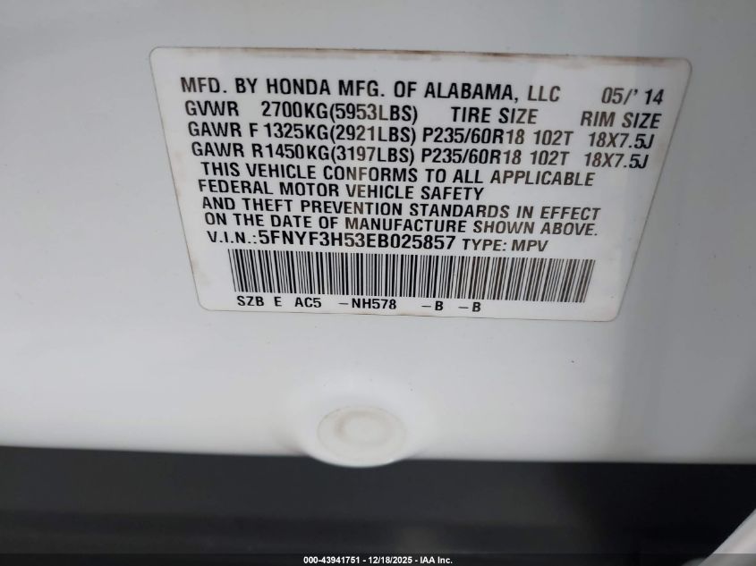 2014 Honda Pilot Ex-L VIN: 5FNYF3H53EB025857 Lot: 43941751