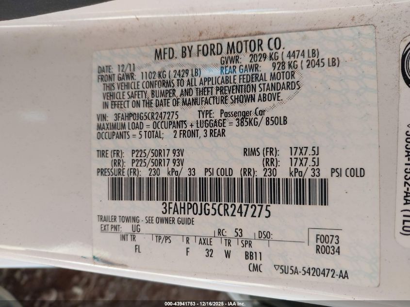 2012 Ford Fusion Sel VIN: 3FAHP0JG5CR247275 Lot: 43941753