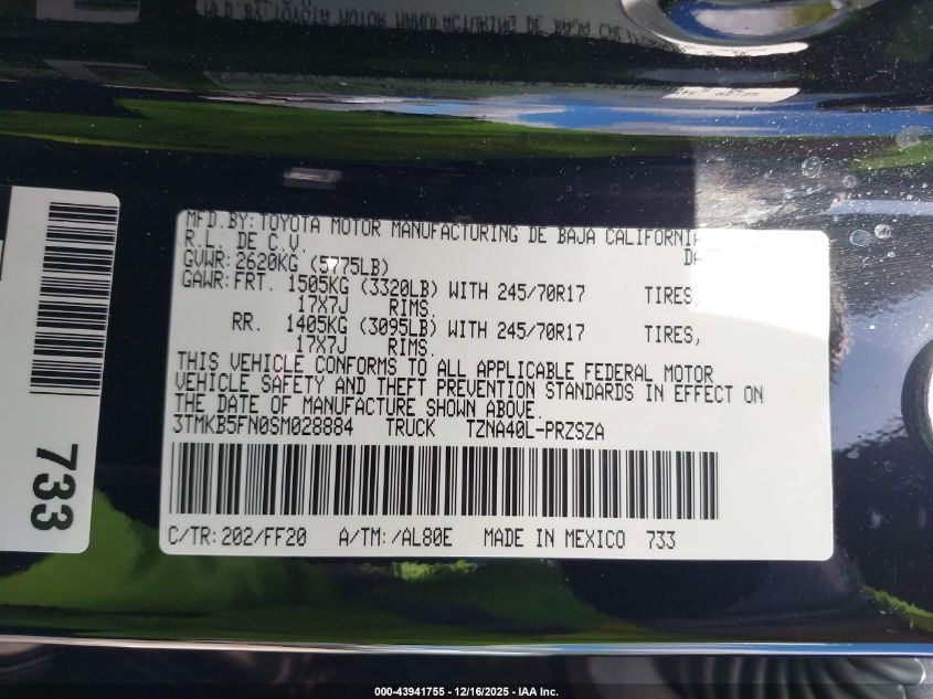 2025 Toyota Tacoma Sr5 VIN: 3TMKB5FN0SM028884 Lot: 43941755