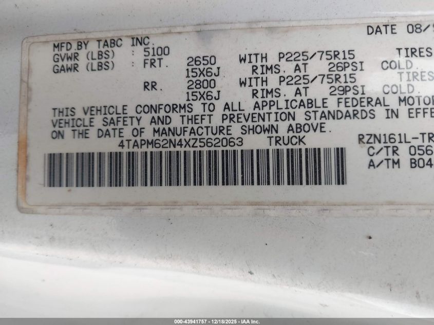 1999 Toyota Tacoma VIN: 4TAPM62N4XZ562063 Lot: 43941757