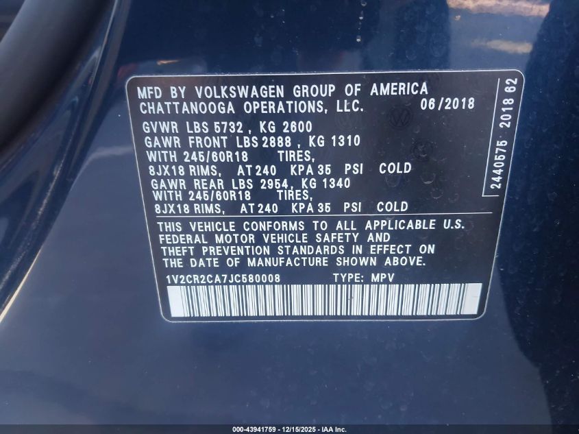 2018 Volkswagen Atlas 3.6L V6 Se VIN: 1V2CR2CA7JC580008 Lot: 43941759