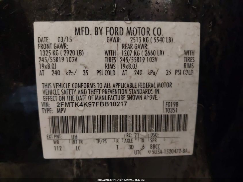 2015 Ford Edge Titanium VIN: 2FMTK4K97FBB10217 Lot: 43941761