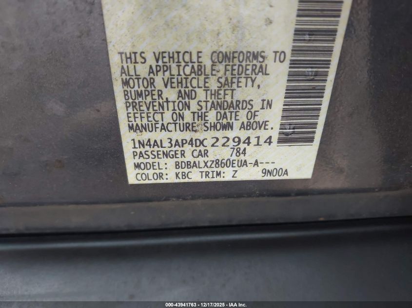 2013 Nissan Altima 2.5 Sl VIN: 1N4AL3AP4DC229414 Lot: 43941763