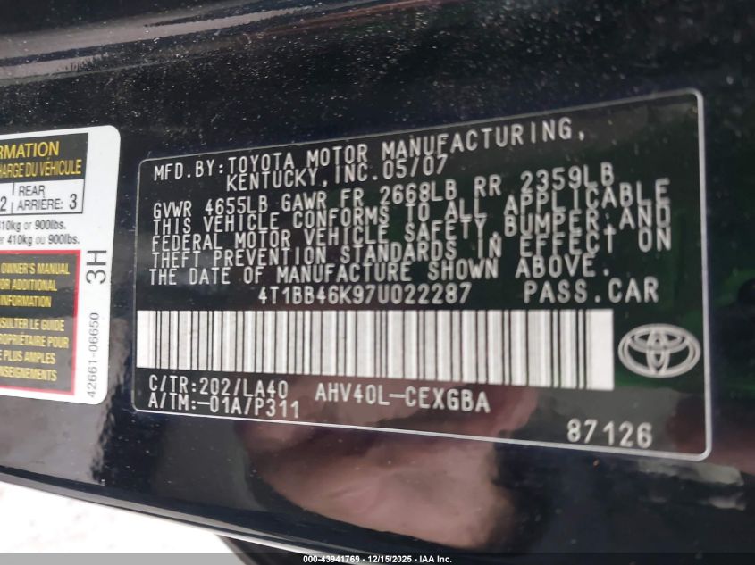 2007 Toyota Camry Hybrid VIN: 4T1BB46K97U022287 Lot: 43941769