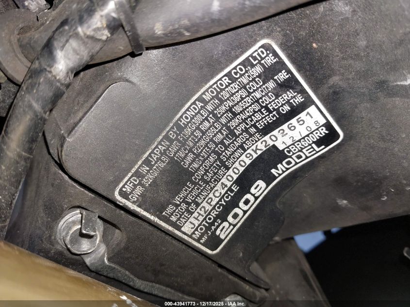 2009 Honda Cbr600 Rr VIN: JH2PC40009K202651 Lot: 43941773