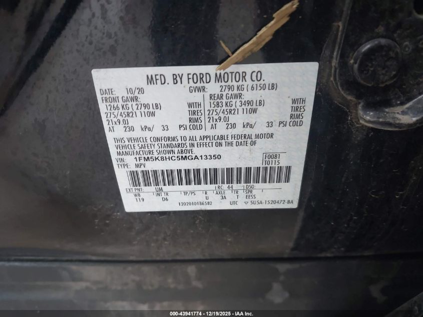 2021 Ford Explorer Platinum VIN: 1FM5K8HC5MGA13350 Lot: 43941774