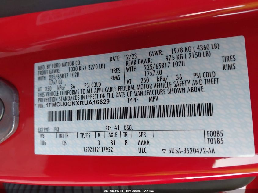 2024 Ford Escape Active VIN: 1FMCU0GNXRUA16629 Lot: 43941778