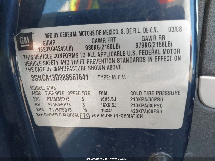 2008 Chevrolet Hhr Ls VIN: 3GNCA13D385667641 Lot: 43941782