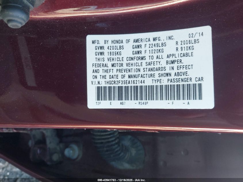 2014 Honda Accord Lx VIN: 1HGCR2F35EA162144 Lot: 43941783