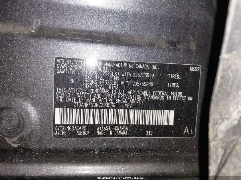 2022 Toyota Rav4 Xle Premium VIN: 2T3A1RFV3NC293566 Lot: 43941784