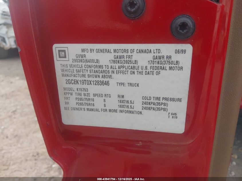 1999 Chevrolet Silverado 1500 Ls VIN: 2GCEK19T0X1283646 Lot: 43941794