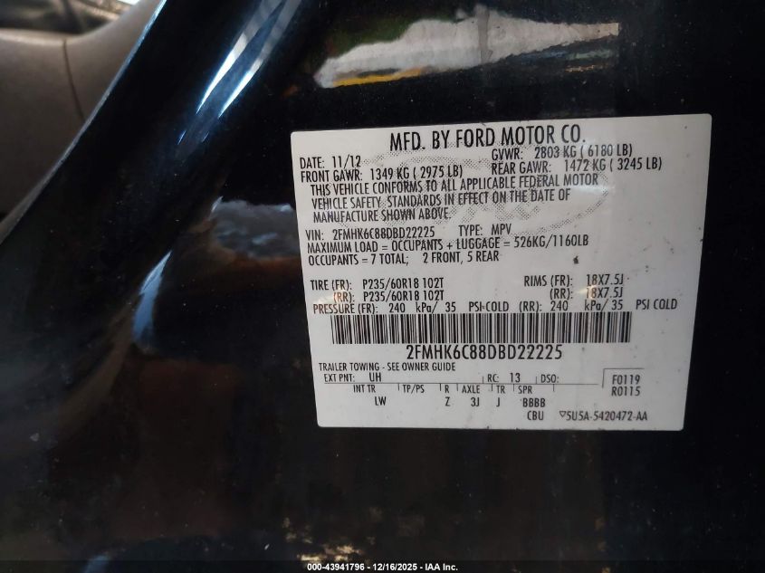 2013 Ford Flex Sel VIN: 2FMHK6C88DBD22225 Lot: 43941796