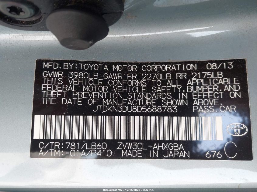 2013 Toyota Prius Four VIN: JTDKN3DU8D5688783 Lot: 43941797