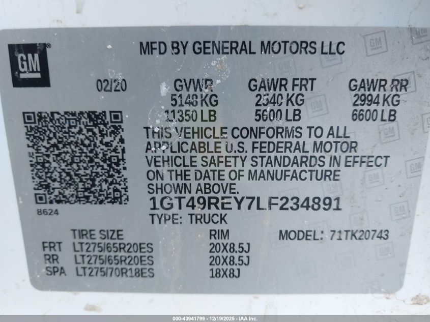 2020 GMC Sierra 2500Hd 4Wd Standard Bed Denali VIN: 1GT49REY7LF234891 Lot: 43941799