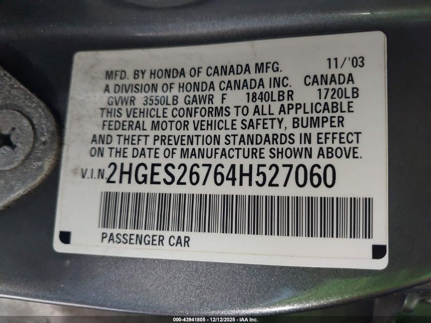2004 Honda Civic Ex VIN: 2HGES26764H527060 Lot: 43941805