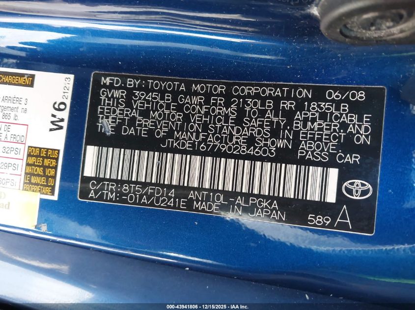 2009 Scion Tc VIN: JTKDE167790284603 Lot: 43941806