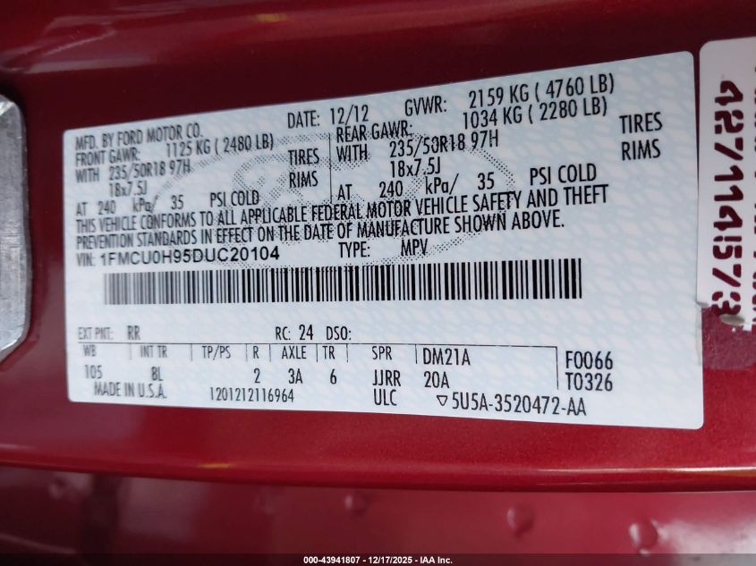 2013 Ford Escape Sel VIN: 1FMCU0H95DUC20104 Lot: 43941807