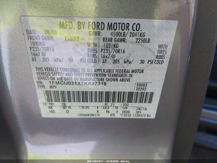 2007 Ford Escape Xlt/Xlt Sport VIN: 1FMCU031X7KA97319 Lot: 43941811