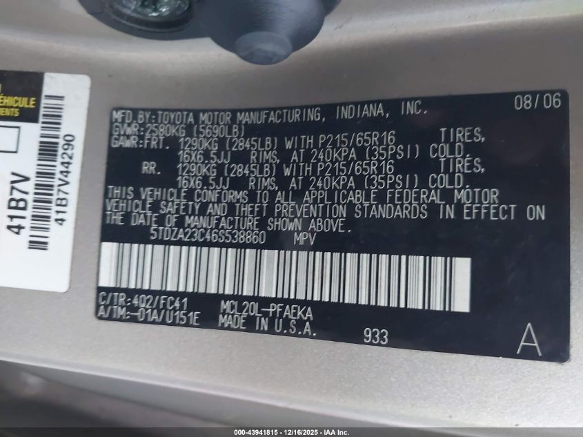 2006 Toyota Sienna Le VIN: 5TDZA23C46S538860 Lot: 43941815