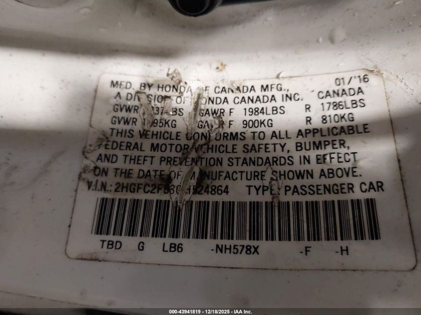 2016 Honda Civic Lx VIN: 2HGFC2F53GH524864 Lot: 43941819