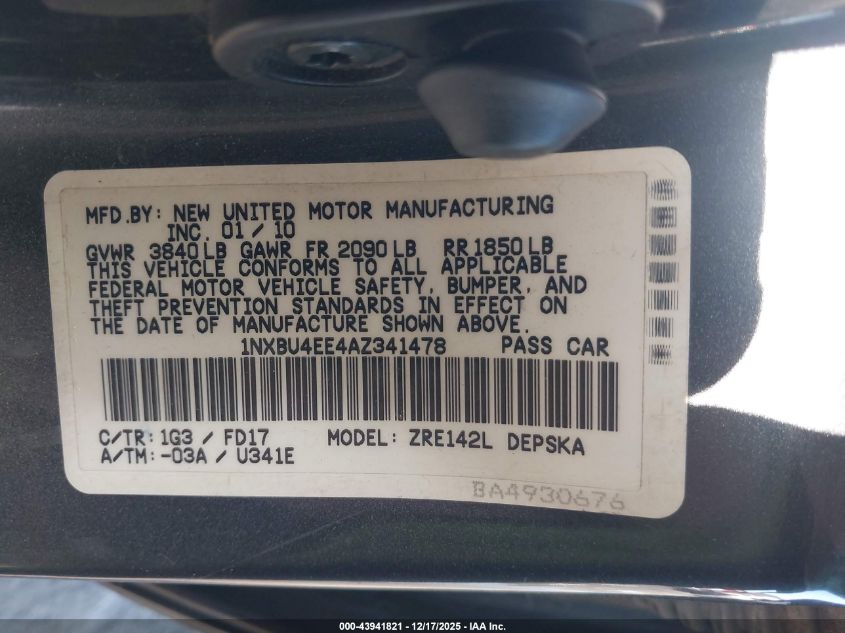 2010 Toyota Corolla S VIN: 1NXBU4EE8AZ341418 Lot: 43941821