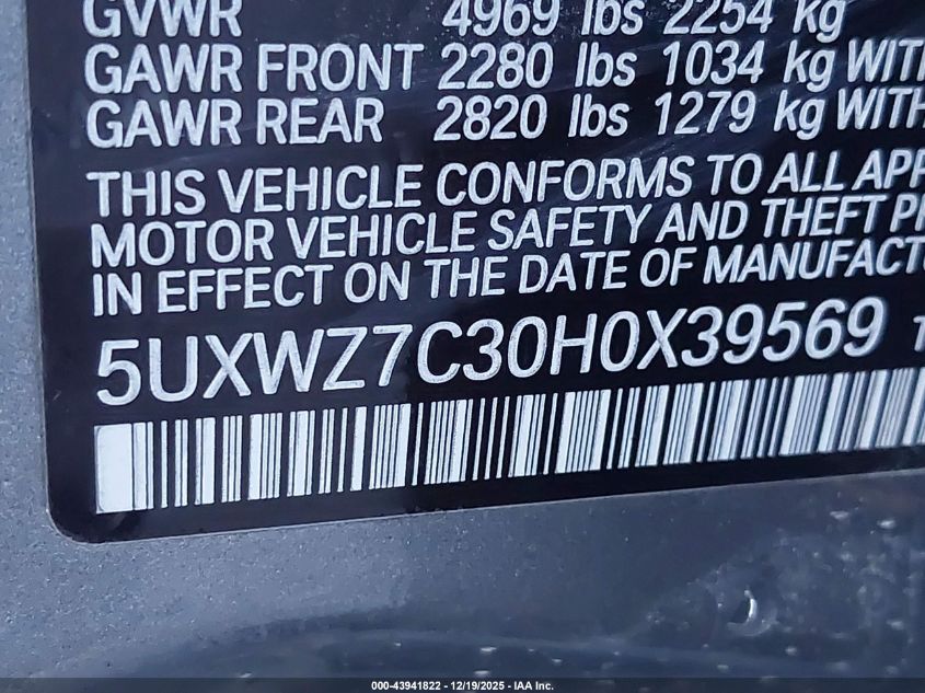 2017 BMW X3 Sdrive28I VIN: 5UXWZ7C30H0X39569 Lot: 43941822