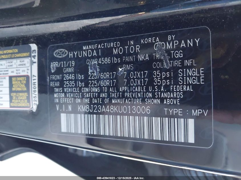 2019 Hyundai Tucson Se VIN: KM8J23A48KU013006 Lot: 43941823